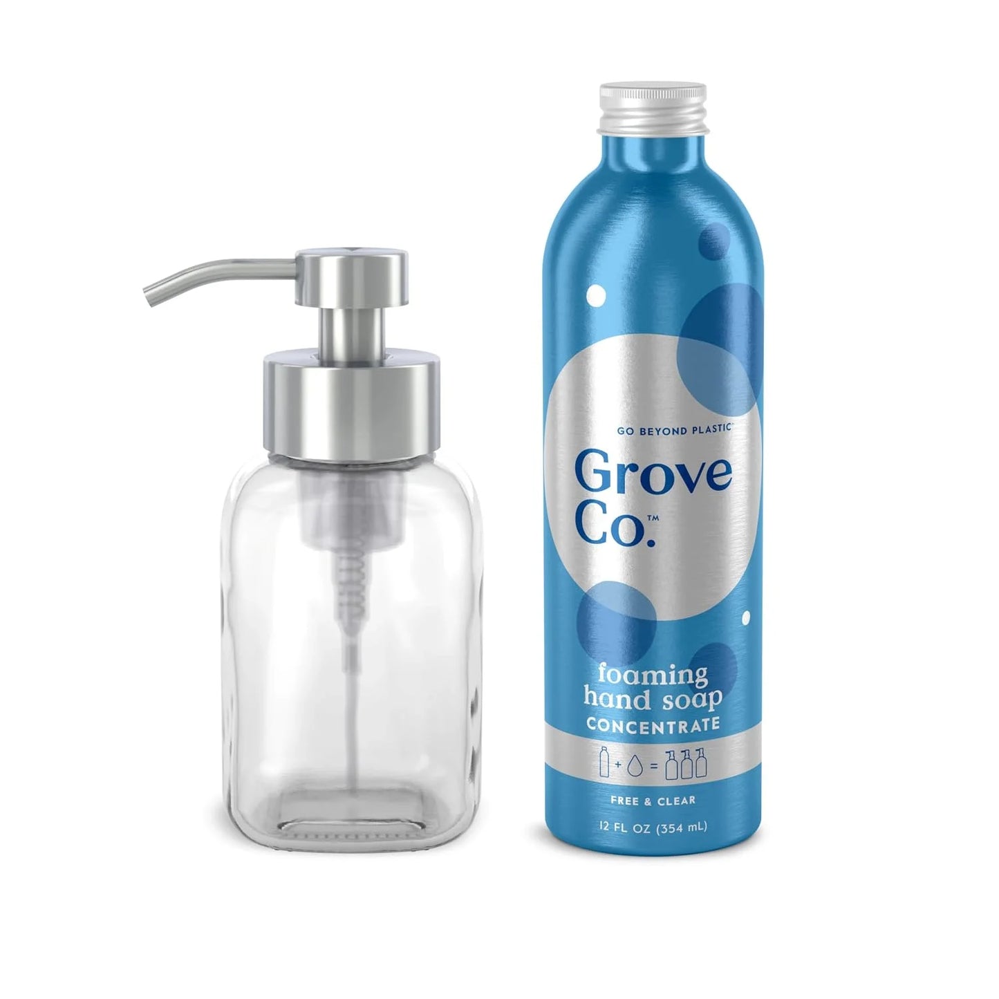 Grove Co. Foaming Hand Soap Concentrate (12 Fl Oz) + Reusable Glass Soap Dispenser, Plastic-Free Liquid Refillable Starter Kit, Free and Clear Unscented