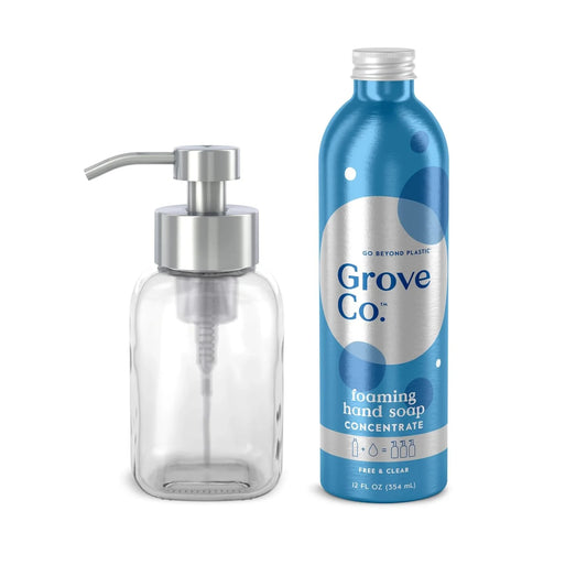 Grove Co. Foaming Hand Soap Concentrate (12 Fl Oz) + Reusable Glass Soap Dispenser, Plastic-Free Liquid Refillable Starter Kit, Free and Clear Unscented