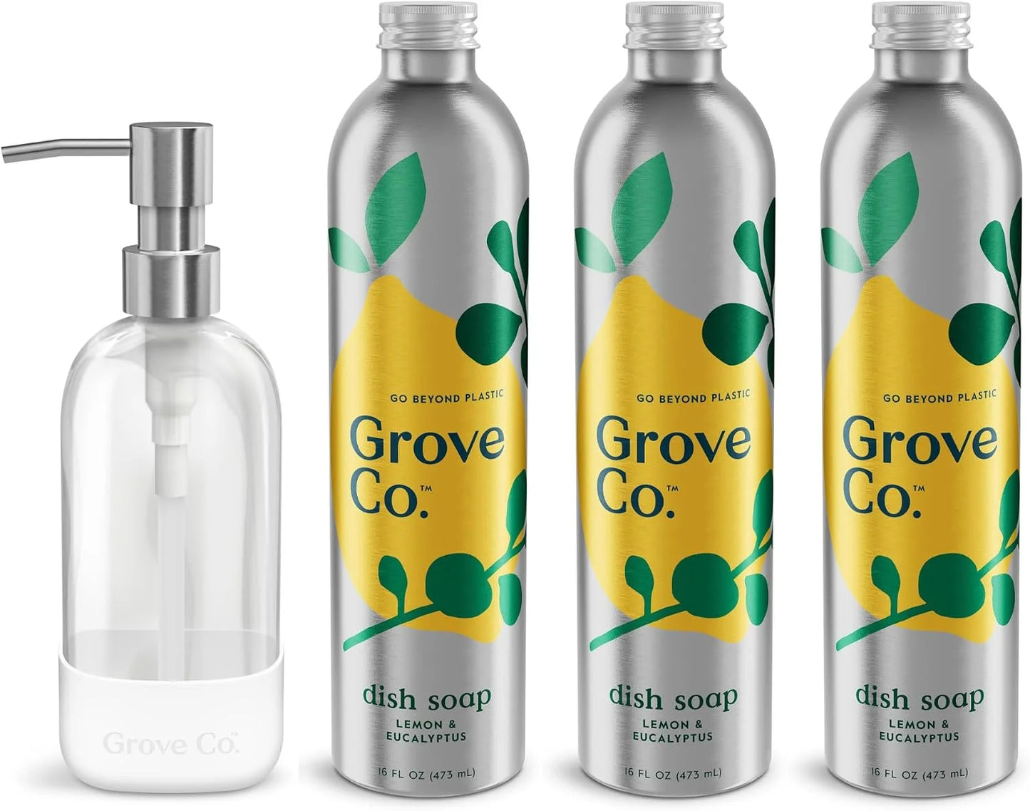 Grove Co. Dish Soap, 3 x 16 fl oz Refills + Refillable Glass Dispenser