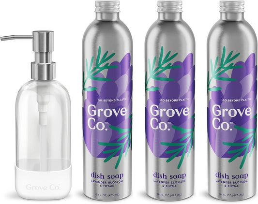 Grove Co. Dish Soap, 3 x 16 fl oz Refills + Refillable Glass Dispenser