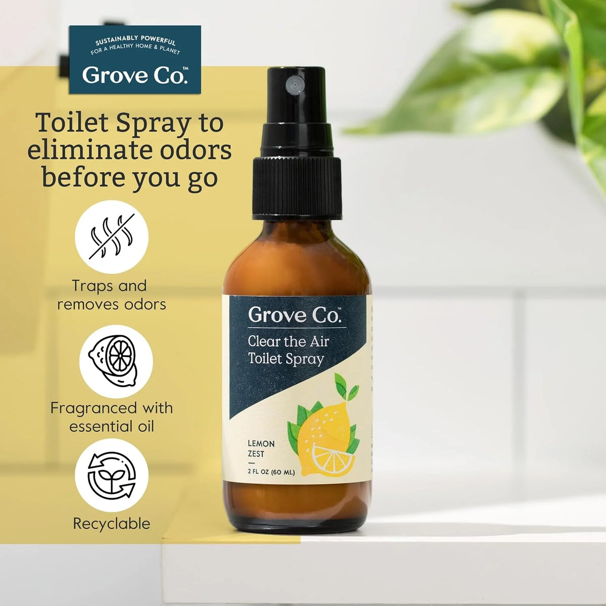 Grove Co. Toilet Spray and Odor Eliminator, Lemon Grove, 2 Fl Oz