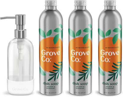 Grove Co. Dish Soap, 3 x 16 fl oz Refills + Refillable Glass Dispenser