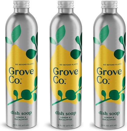 Grove Co. Dish Soap, 3 x 16 fl oz Refills + Refillable Glass Dispenser