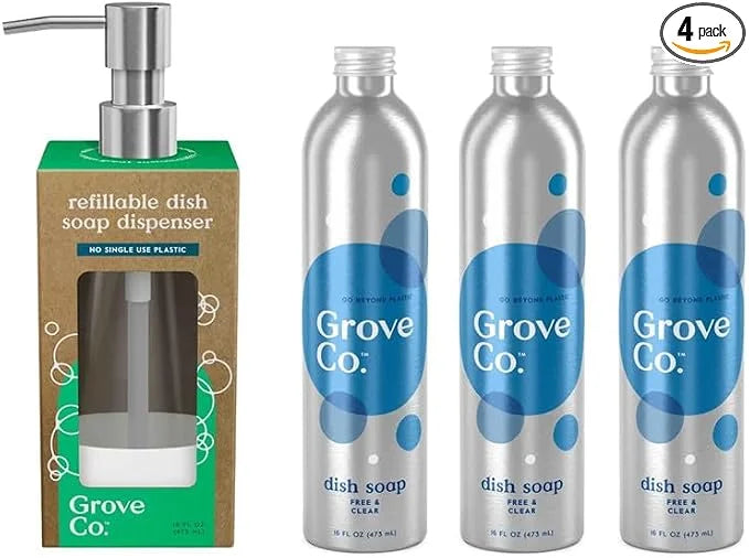 Grove Co. Dish Soap, 3 x 16 fl oz Refills + Refillable Glass Dispenser