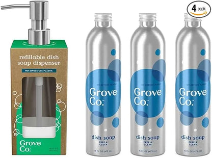 Grove Co. Dish Soap, 3 x 16 fl oz Refills + Refillable Glass Dispenser