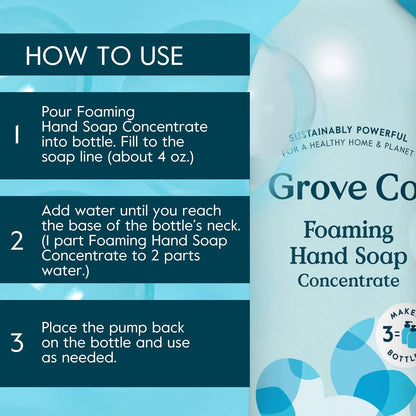 Grove Co. Foaming Hand Soap Concentrate (12 Fl Oz) + Reusable Glass Soap Dispenser, Plastic-Free Liquid Refillable Starter Kit, Free and Clear Unscented