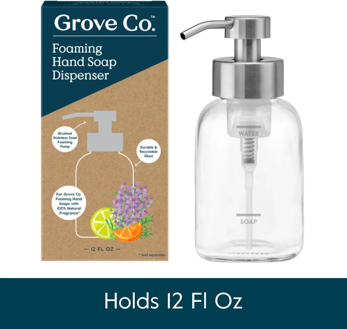 Grove Co. Glass Foaming Hand Soap Dispenser with Stainless Steel Pump, 12oz