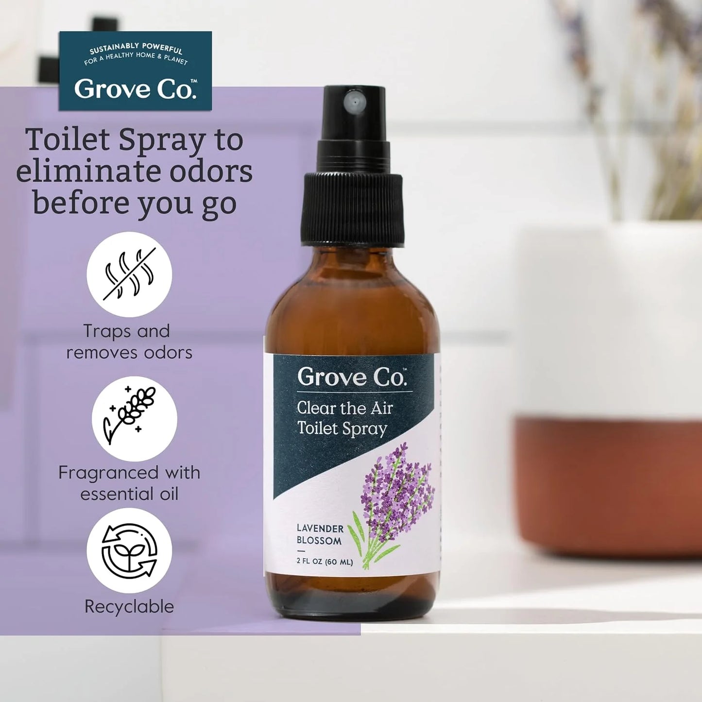 Grove Co. Toilet Spray and Odor Eliminator, Lemon Grove, 2 Fl Oz